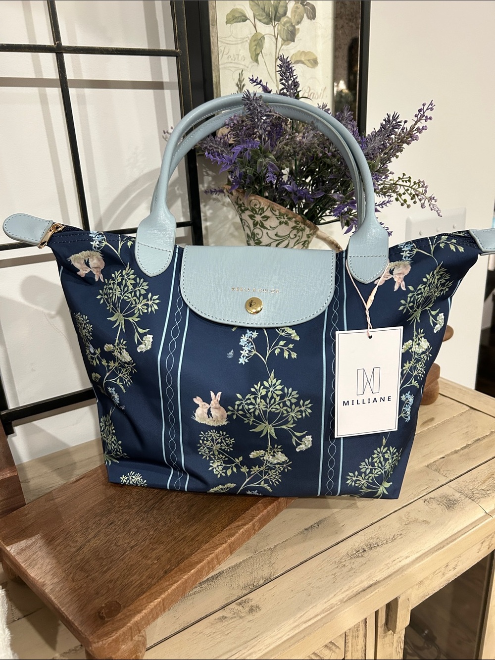 Milliane Navy Floral Tote with Light Blue Trim